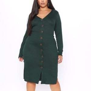 Fashion Nova Green Buttoned Long Sleeve Dress